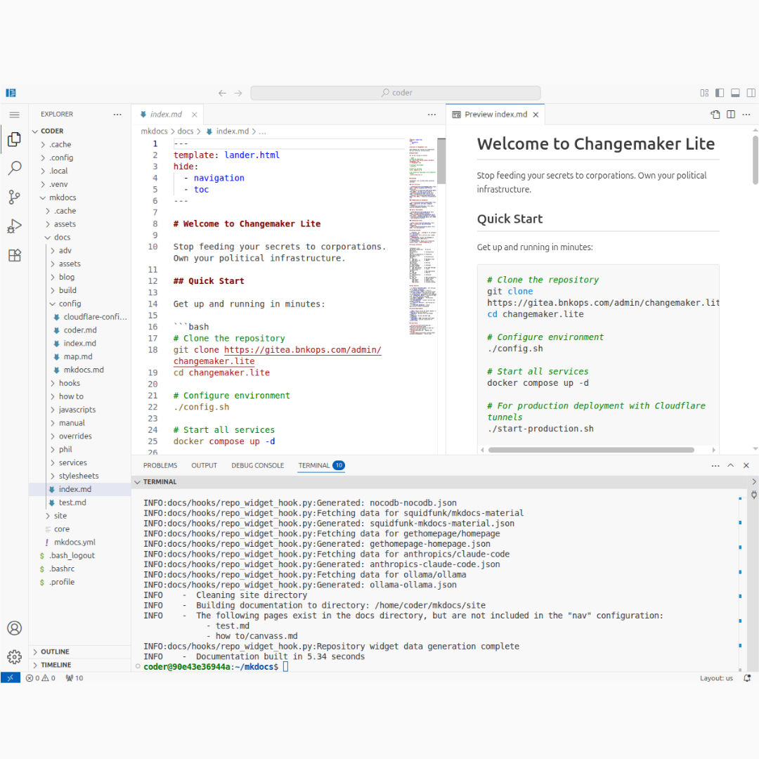Split view showing markdown editor on left, live preview on right with campaign branding