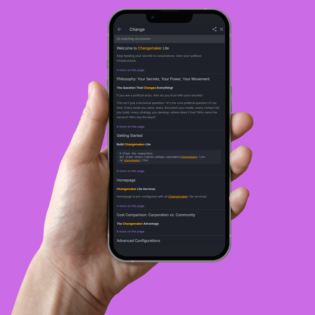 Mobile view showing instant search results for healthcare policy with highlighted snippets and quick access buttons